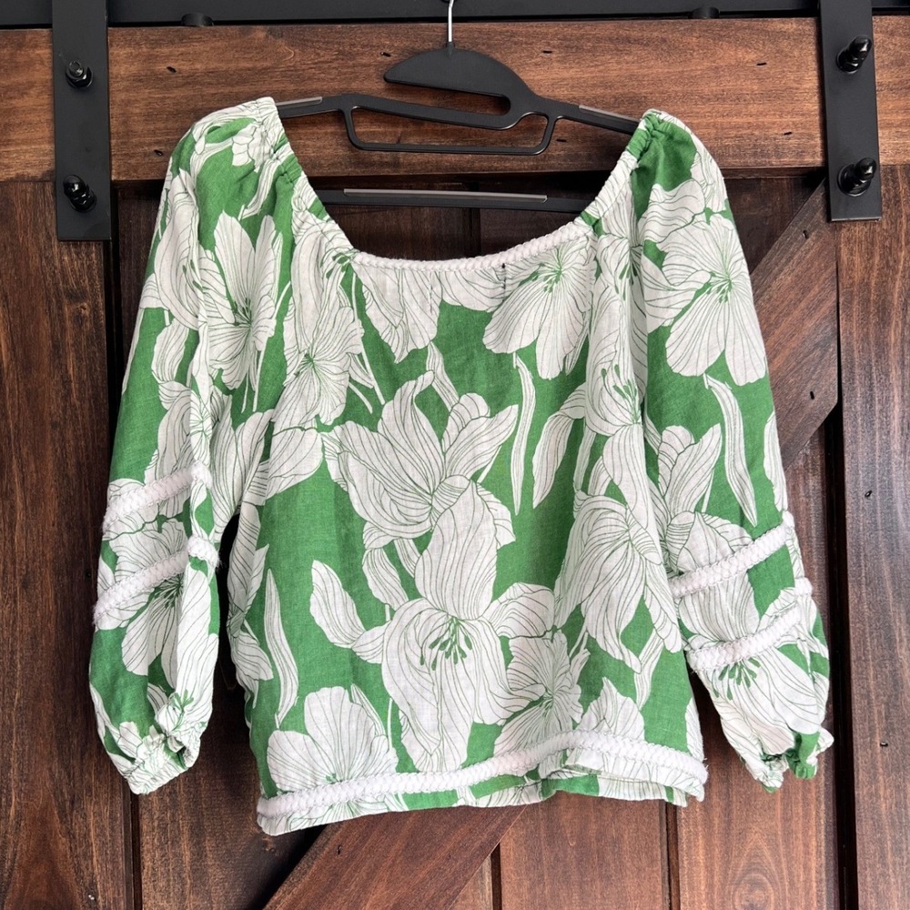 Tahari Womens Green Floral 100% Linen Cropped Blouse Trim Balloon Sleeve Small - Picture 2 of 9
